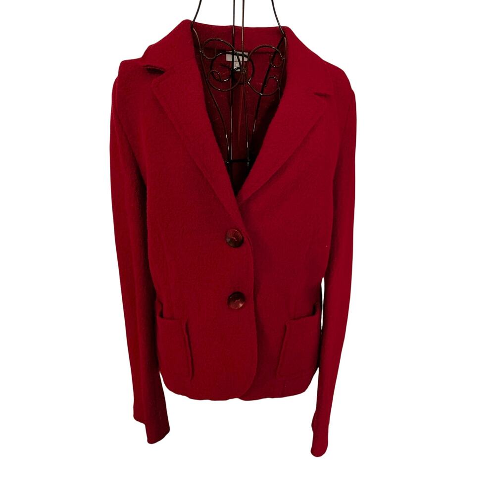J Jill Lipstick Red Boiled Wool Blend Button Front Blazer Jacket Classic Preppy